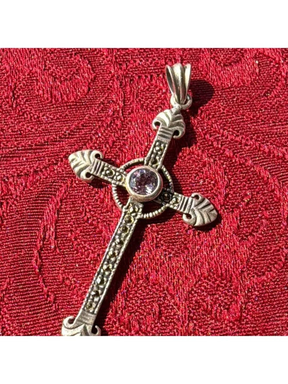 Vintage SU Sunstone 925 Sterling Silver Amethyst Marcasite Celtic Cross Pendant